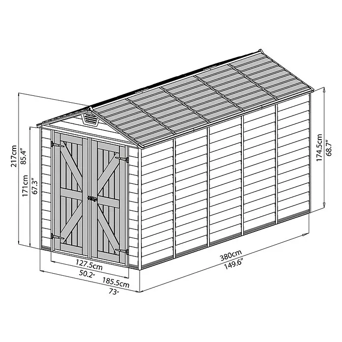 Palram – Canopia Gerätehaus Skylight 6x12 Tan - Außenmaß inkl. Dachüberstand (B x T): 185 x 379 cm, Kunststoff, Beige/Braun - Bild einer Gartenhütte mit Maßangaben.