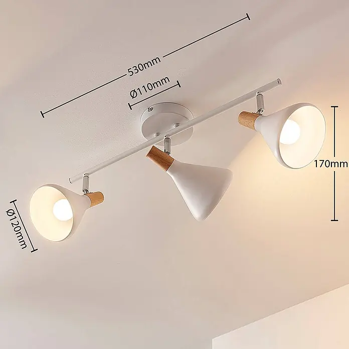 Lindby Deckenstrahler Arina - weiß / opal, weiß / opal, E14 - Weiße Deckenleuchte mit drei verstellbaren Strahlern, mit Holzdetails und kegelförmigen Schirmen.