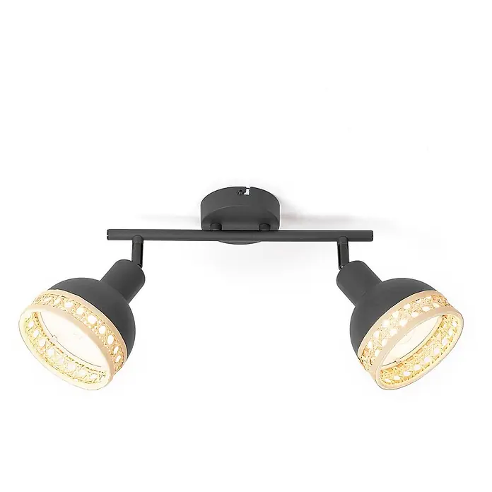 Lindby Deckenstrahler Lonnaris - schwarz, schwarz, E14 - Schwarzer zweiflammiger Deckenstrahler mit Rattan-Dekor.