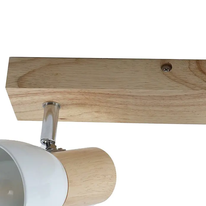 Lindby Deckenstrahler Thorin - Holz hell, E14 - Holzleiste mit weißer und hölzerner Strahlerleuchte, verbunden durch eine Chromstange, Schraube sichtbar.