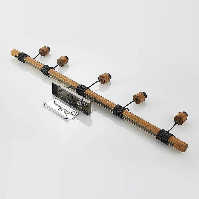 Lindby Pendelleuchte Durbis - L x B x H: 149 x 25 x 180 cm, schwarz, Holz natur, dunkelgrau, E27 - Holz-Balkenleuchte mit schwarzen Kabelumwicklungen und mehreren hölzernen Lampenfassungen, Elektrobox sichtbar.
