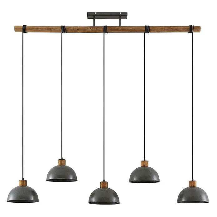 Lindby Pendelleuchte Durbis - L x B x H: 149 x 25 x 180 cm, schwarz, Holz natur, dunkelgrau, E27 - Fünfflammige Pendelleuchte mit Holzstange, schwarzen Kabeln und grauen Metall-Kuppelschirmchen mit Holzdetails.