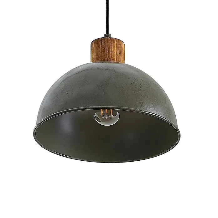 Lindby Pendelleuchte Durbis - L x B x H: 149 x 25 x 180 cm, schwarz, Holz natur, dunkelgrau, E27 - Industrielle Pendelleuchte mit dunkelgrauem Schirm in Betonoptik, Holzdetails und sichtbarer Glühbirne.