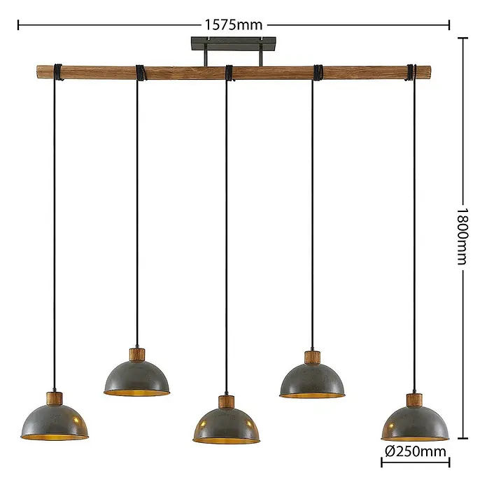 Lindby Pendelleuchte Durbis - L x B x H: 149 x 25 x 180 cm, schwarz, Holz natur, dunkelgrau, E27 - Lineare Pendelleuchte mit Holzbalken, fünf dunklen Metallkuppeln mit Holzdetails, schwarzen Kabeln. 1575mm lang.