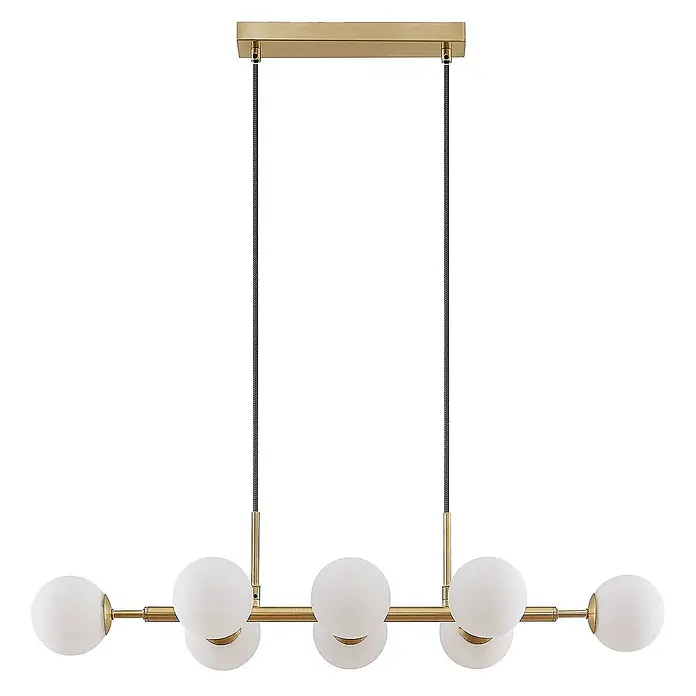 Lindby Pendelleuchte Kiamo - L x B x H: 82,5 x 32,5 x 10 cm, weiß / opal, messing matt, opalweiß, G9 - Lineare Messing-Pendelleuchte mit weißen Glaskugeln.