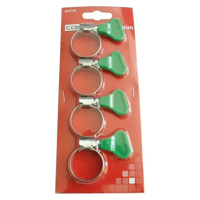 Connex Surtido de abrazaderas para manguera 16 - 25 mm - 4 pzs., Acero inoxidable - Un paquete de cuatro abrazaderas de manguera con mangos verdes, empaquetadas en una tarjeta roja con el texto "COM" y "mm".