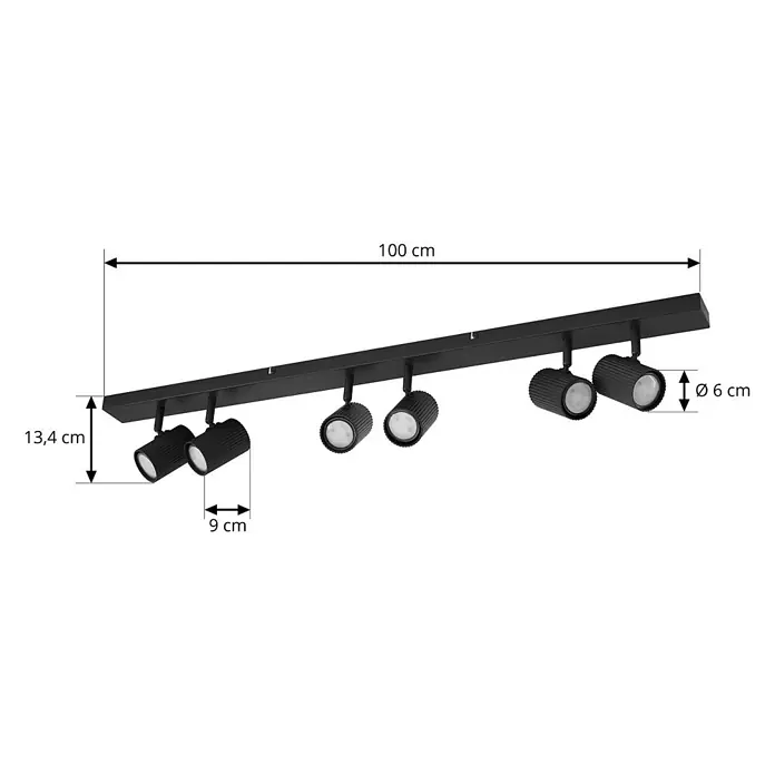 Lindby Deckenstrahler Kardis - L x B x H: 100 x 6 x 16 cm, alu / grau / zink, alu / grau / zink, GU10 - Schwarze 100cm Stromschiene mit sechs 6cm Ø verstellbaren Strahlern, 13,4cm hoch.