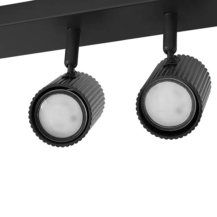 Lindby Deckenstrahler Kardis - L x B x H: 100 x 6 x 16 cm, alu / grau / zink, alu / grau / zink, GU10 - Zwei schwarze Schienenstrahler mit gerippten zylindrischen Gehäusen und weißen Diffusoren, auf einer schwarzen Schiene montiert.