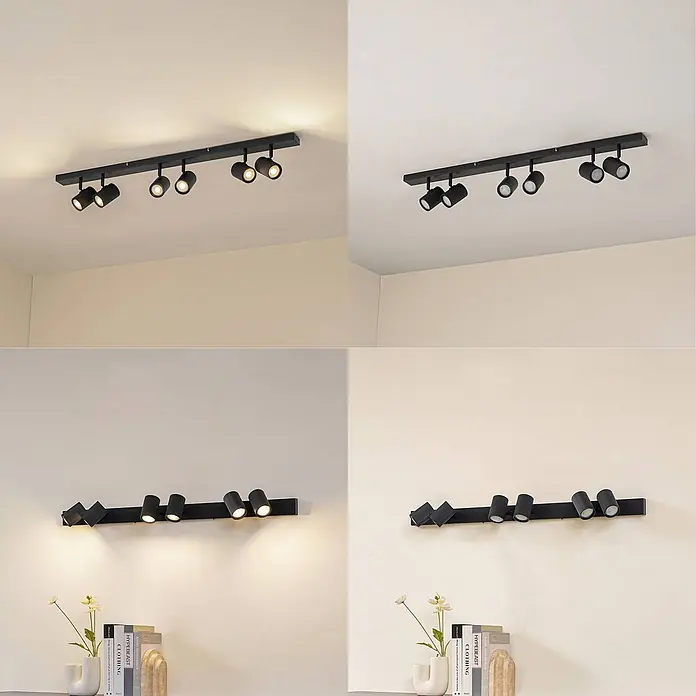 Lindby Deckenstrahler Kardis - L x B x H: 100 x 6 x 16 cm, alu / grau / zink, alu / grau / zink, GU10 - Schwarze Stromschienenleuchte mit sechs verstellbaren Strahlern, an Decke und Wand montiert, zeigt warme und kalte Lichtoptionen.