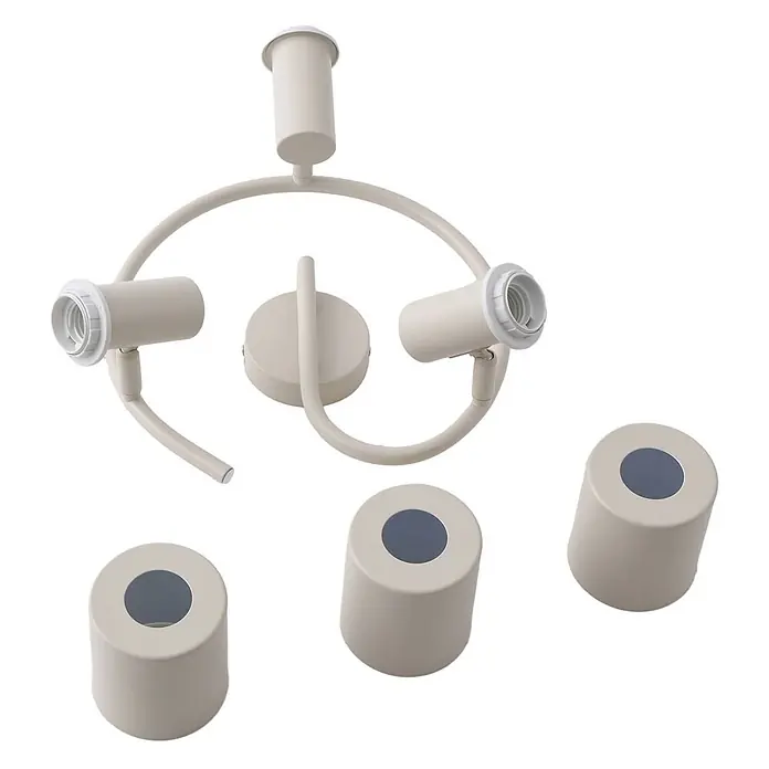 Lindby Deckenstrahler Ovelia - creme / amber, creme / amber, E27 - Beigefarbenes Deckenleuchten-Gestell mit drei Fassungen und drei zylindrischen Schirmen.