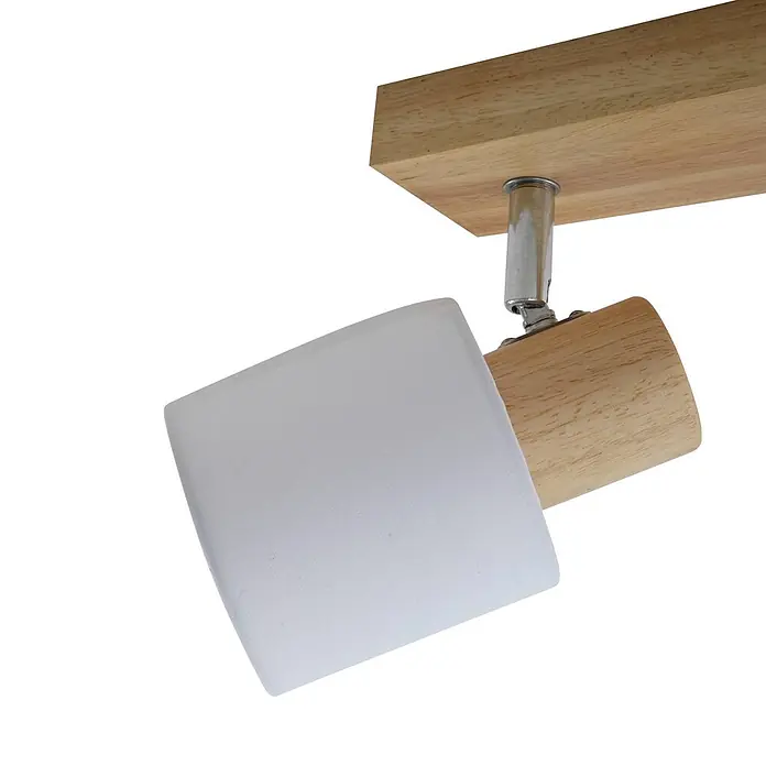 Lindby Deckenstrahler Wanessa - Holz hell, E14 - Deckenstrahler aus Holz mit weißem Stoffschirm, verbunden durch ein silbernes Metallgelenk.