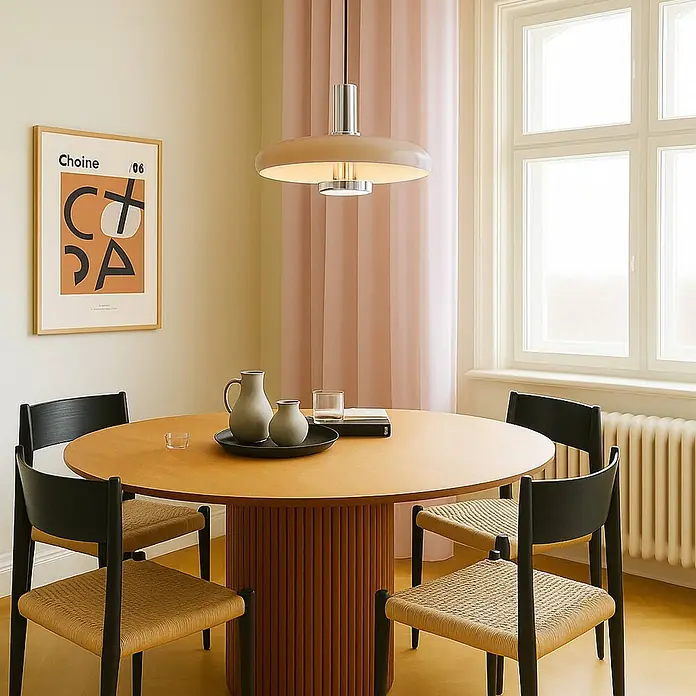 Lindby Pendelleuchte Branford - L x B x H: 35 x 35 x 3,6 cm, creme / amber, beige, E27 - Runder Esstisch aus Holz mit Lattenfuß, umgeben von schwarzen Stühlen mit Naturgeflechtsitzen im Esszimmer.