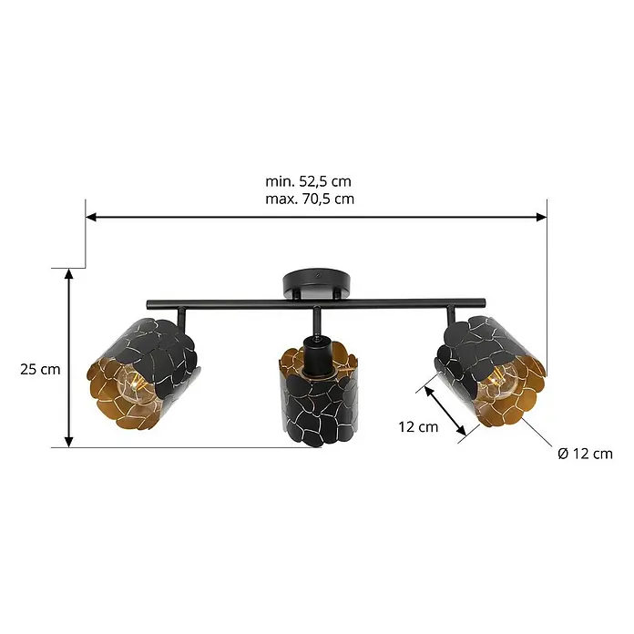 Lindby Deckenstrahler Aralena - schwarz, schwarz, E27 - Schwarze Metalldeckenleuchte mit drei goldfarbenen, gemusterten Strahlern.