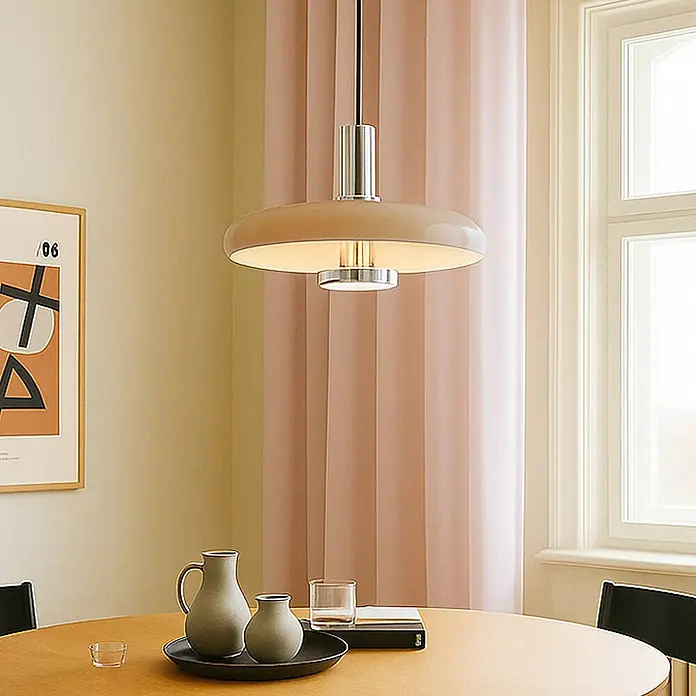 Lindby Pendelleuchte Branford - L x B x H: 35 x 35 x 3,6 cm, creme / amber, beige, E27 - Eine beige Pendelleuchte mit Chromdetails hängt über einem hellen Holztisch in einem gemütlichen Raum.