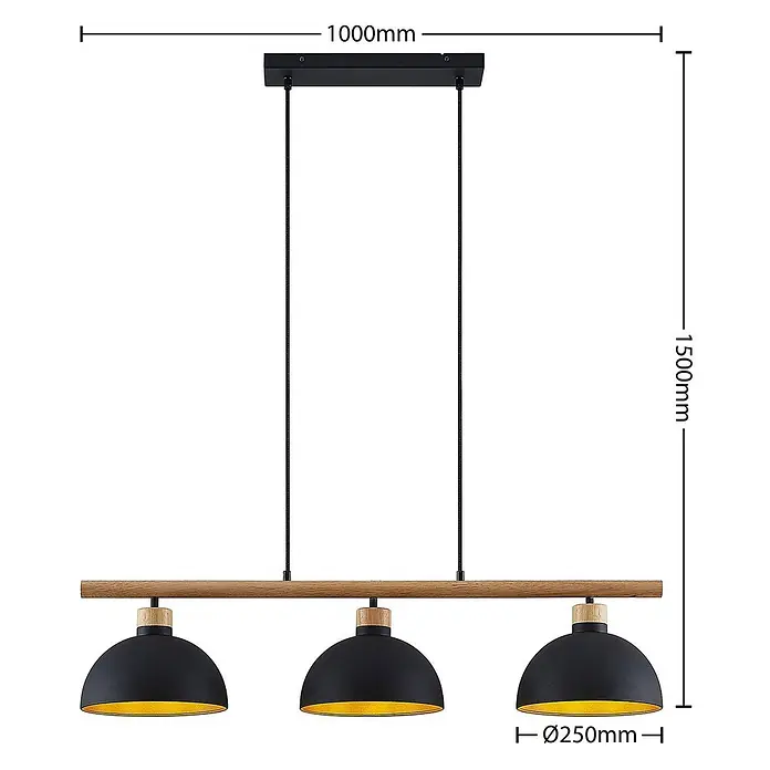 Lindby Pendelleuchte Tirzana - L x B x H: 100 x 25 x 12,5 cm, schwarz, Schwarz, gold, holz hell, E27 - Pendelleuchte mit drei schwarzen Metall-Kuppelschirmchen, goldener Innenseite, Holzstange und schwarzer Deckenhalterung.