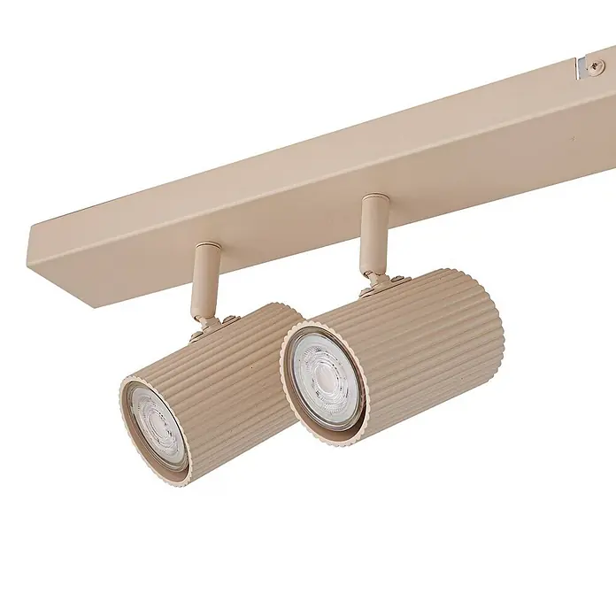 Lindby Deckenstrahler Kardis - L x B x H: 100 x 6 x 16 cm, creme / amber, creme / amber, GU10 - Beigefarbene Stromschiene mit zwei zylindrischen, geriffelten Strahlern. Jeder Strahler hat eine LED-Lichtquelle.