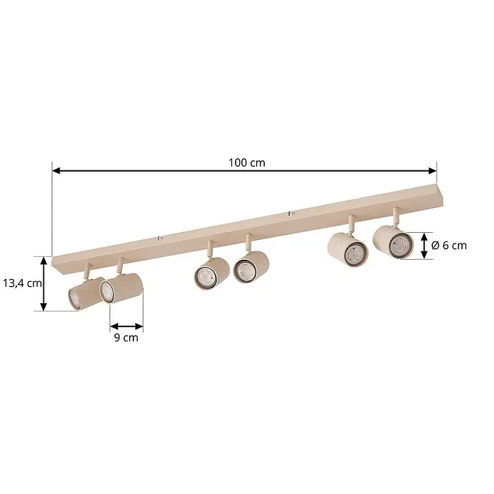 Lindby Deckenstrahler Kardis - L x B x H: 100 x 6 x 16 cm, creme / amber, creme / amber, GU10 - Beiger Metall-Spotbalken mit sechs verstellbaren Leuchten.