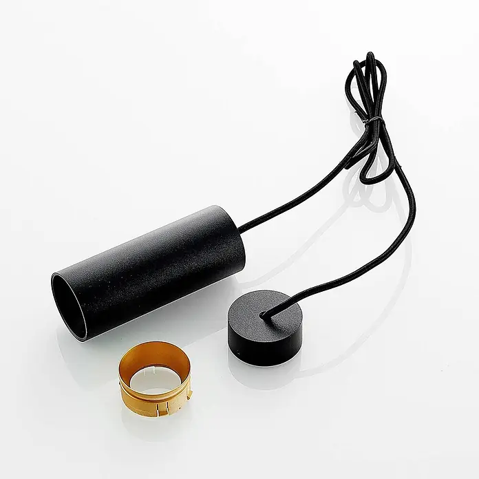 Arcchio Pendelleuchte Ejona - schwarz, Schwarz, GU10 - Schwarze zylindrische Pendelleuchten-Komponenten mit geflochtenem Kabel, runder Deckenrosette und goldenem Innenring.