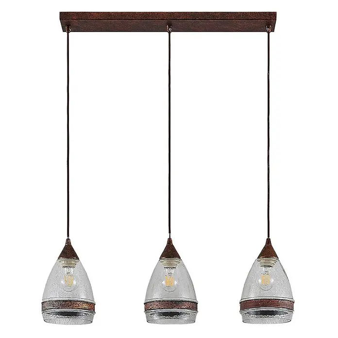 Lindby Pendelleuchte Millina - L x B x H: 70,4 x 15,6 x 25,8 cm, klar / transparent, rostbraun, klar, E27 - Dreiflammige Pendelleuchte mit dunkler Bronzestange, klaren strukturierten Glasschirmen und bronzefarbenen Akzenten.