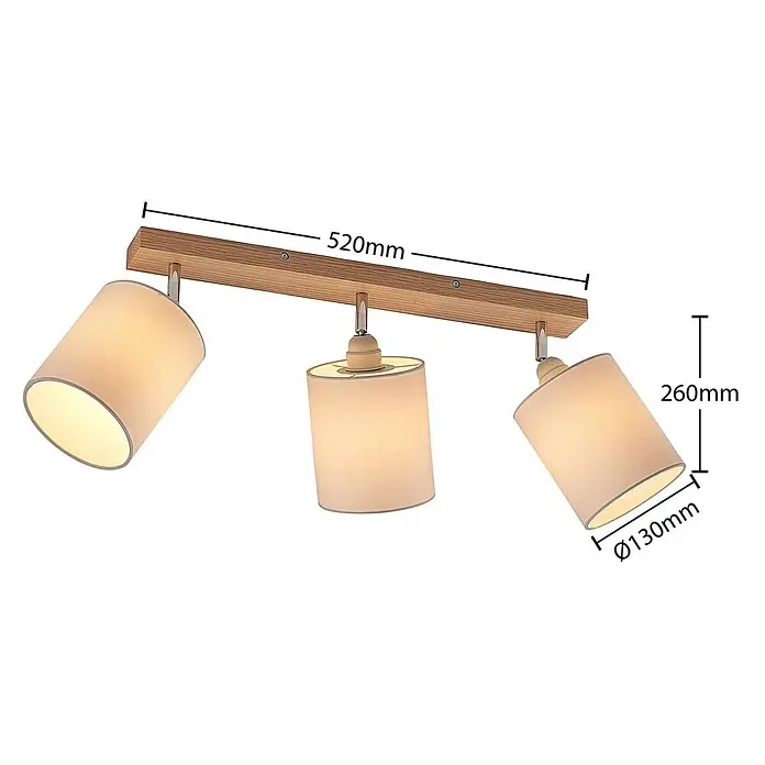 Lindby Deckenstrahler Imarin - Holz hell, weiß / opal, E27 - Hölzerner Balkenspot mit drei verstellbaren, hellen Textilschirmen. Maße: 520mm Länge, 260mm Höhe, 130mm Schirmdurchmesser.