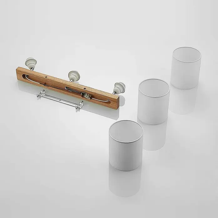Lindby Deckenstrahler Imarin - Holz hell, weiß / opal, E27 - Zerlegte dreiflammige Deckenleuchte mit Holzstange, drei weißen Lampenfassungen und drei weißen zylindrischen Stofflampenschirmen.