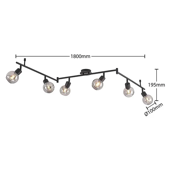 Lindby Deckenstrahler Eridia - L x B x H: 180 x 10 x 18,5 cm, schwarz, schwarz, E14 - Schwarze Metall-Deckenschiene mit sieben Rauchglas-Kugellampen, 1800mm lang. Moderne Beleuchtung.