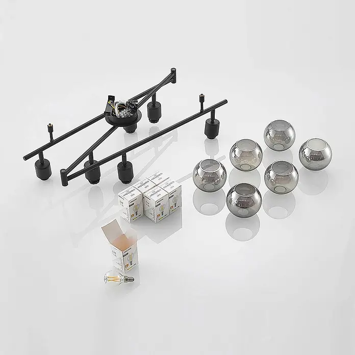 Lindby Deckenstrahler Eridia - L x B x H: 180 x 10 x 18,5 cm, schwarz, schwarz, E14 - Zerlegtes schwarzes Metall-Kronleuchtergestell, sechs Rauchglas-Kugeln und LED-Lampen.