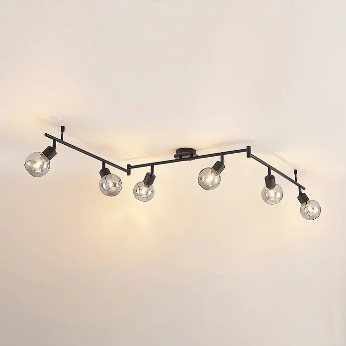 Lindby Deckenstrahler Eridia - L x B x H: 180 x 10 x 18,5 cm, schwarz, schwarz, E14 - Schwarze Schienenleuchte mit sechs Rauchglas-Glühlampen.