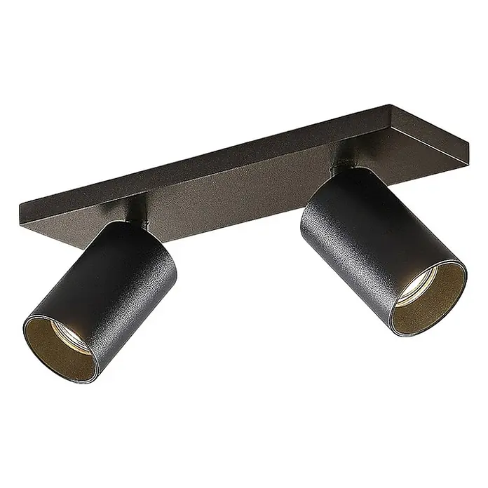 Arcchio Deckenstrahler Brinja - L x B x H: 30,5 x 9 x 12,5 cm, schwarz, schwarz, GU10 - Schwarze rechteckige Deckenleuchte mit zwei verstellbaren zylindrischen Strahlern. Texturiertes schwarzes Metall mit goldenen Innenflächen.