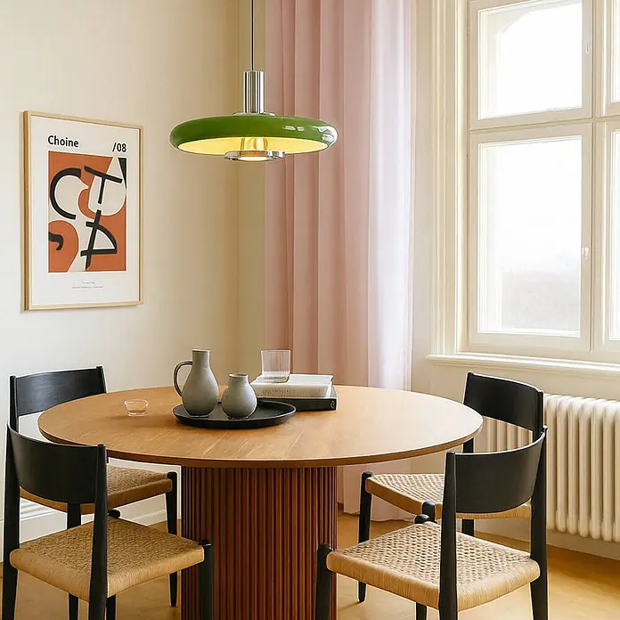 Lindby Pendelleuchte Branford - grün, Grün, E27 - Grüne Pendelleuchte mit Chromplatte über einem Holztisch.
