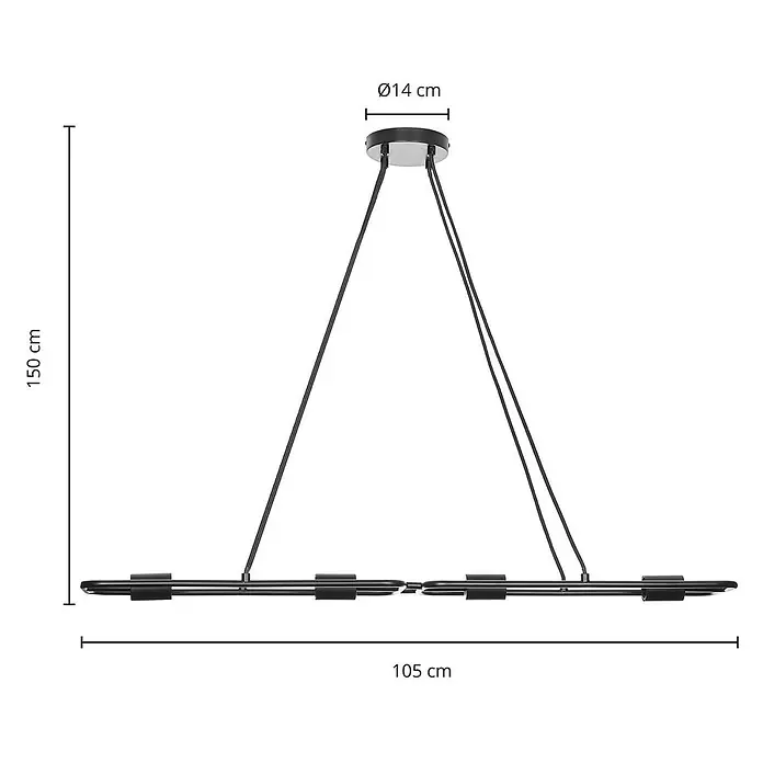 Lucande Pendelleuchte Tornike - L x B x H: 105 x 18,5 x 4,4 cm, mattSchwarz, E27 - Schwarze Metall-Pendelleuchte mit zwei Horizontalstangen und runder Deckenhalterung. Maße: 150 cm H x 105 cm B.