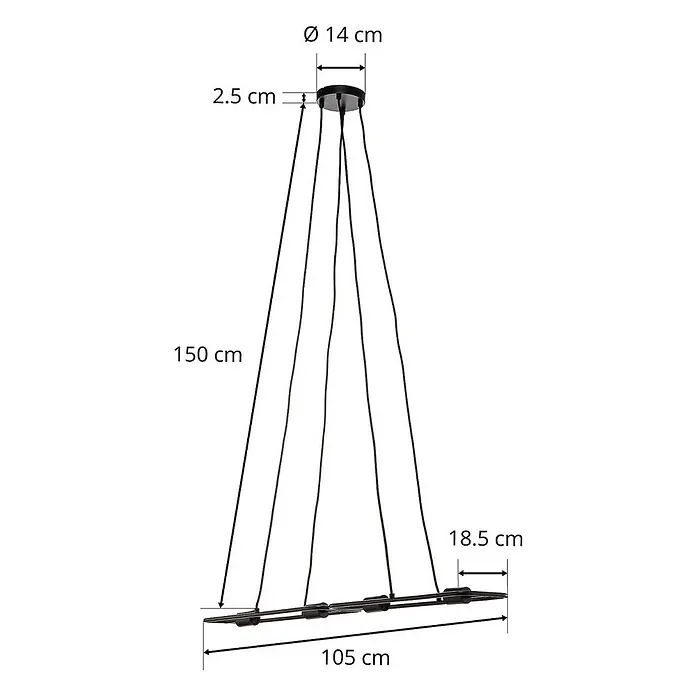 Lucande Pendelleuchte Tornike - L x B x H: 105 x 18,5 x 4,4 cm, mattSchwarz, E27 - Schwarze lineare Pendelleuchte, von runder Abdeckung mit mehreren Kabeln abgehängt.