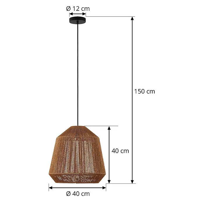 Lindby Pendelleuchte Otso - L x B x H: 40 x 40 x 40 cm, Holz hell, holz hell, E27 - Braune geflochtene Hängeleuchte mit schwarzem Kabel und Deckenbefestigung.