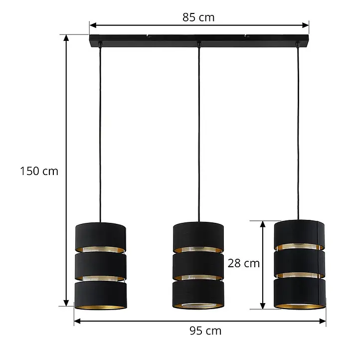 Lindby Pendelleuchte Tsomo - L x B x H: 950 x 18 x 28 cm, schwarz, Schwarz, gold, E27 - Schwarze 3-flammige Pendelleuchte mit zylindrischen Stoffschirmen mit goldenen Innenseiten, an einer schwarzen Deckenleiste hängend.