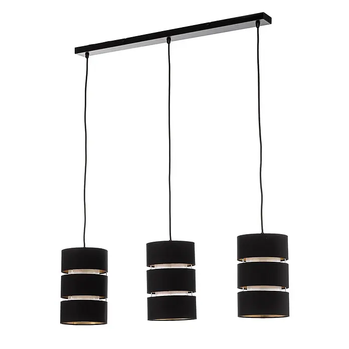 Lindby Pendelleuchte Tsomo - L x B x H: 950 x 18 x 28 cm, schwarz, Schwarz, gold, E27 - Schwarze dreiflammige Pendelleuchte mit geschichteten zylindrischen Stoffschirmen.