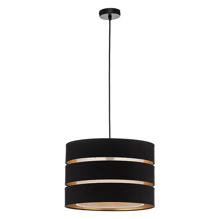 Lindby Pendelleuchte - schwarz, Schwarz, gold, E27 - Schwarze Hängeleuchte aus Stoff mit mehrschichtigem Trommelschirm und goldener Innenseite.