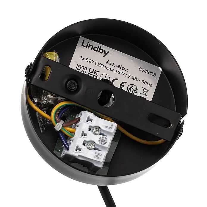 Lindby Pendelleuchte - schwarz, Schwarz, gold, E27 - Schwarze Lindby Leuchtenabdeckung mit internem Klemmenblock (N, Erde, L) und E27 max. 15W LED-Spezifikation.