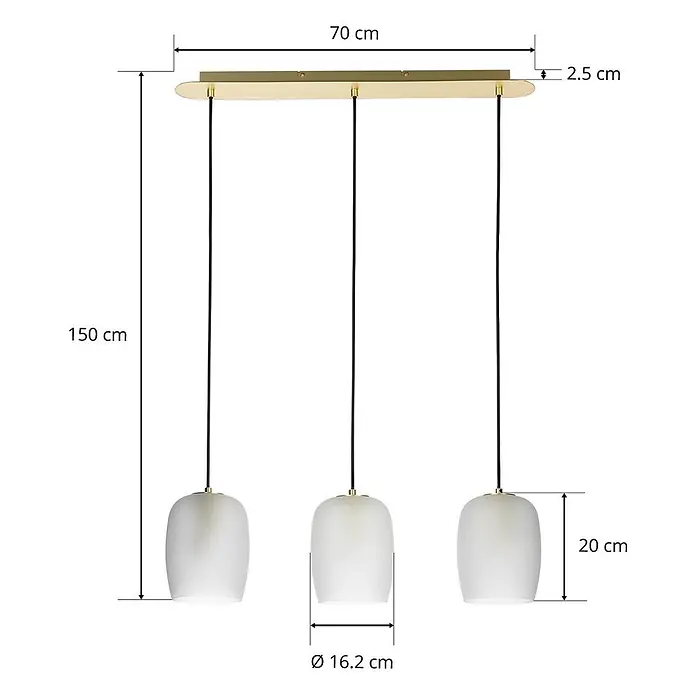 Lucande Pendelleuchte Taylan - L x B x H: 70 x 16,2 x 20 cm, weiß / opal, messing, sandweiß, G9 - Goldfarbene Dreifach-Pendelleuchte, 70x150 cm, mit drei weißen mattierten Glasschirmen (Ø16,2x20 cm).