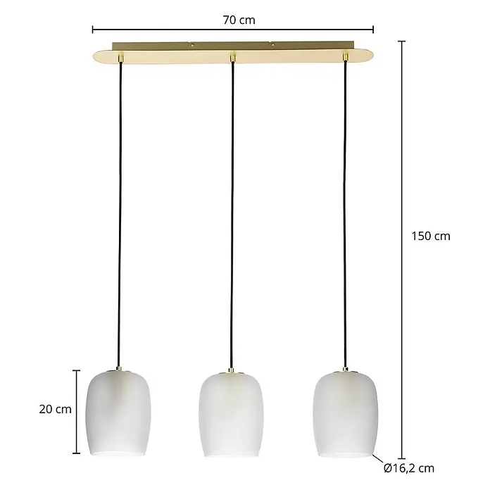 Lucande Pendelleuchte Taylan - L x B x H: 70 x 16,2 x 20 cm, weiß / opal, messing, sandweiß, G9 - Moderne Dreiflammen-Pendelleuchte mit goldener Leiste, schwarzen Kabeln und drei weißen Opalglasschirmen, 150 cm Gesamthöhe.