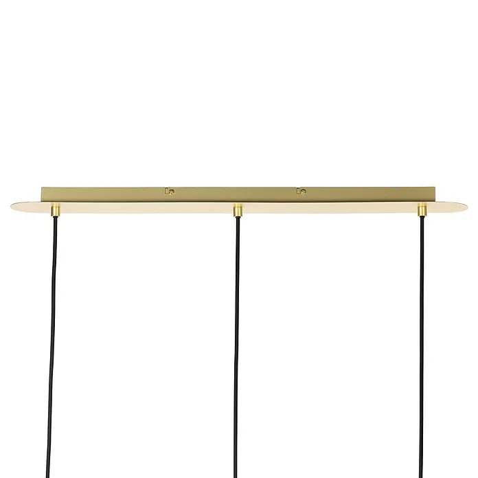 Lucande Pendelleuchte Taylan - L x B x H: 70 x 16,2 x 20 cm, weiß / opal, messing, sandweiß, G9 - Goldfarbener, rechteckiger Deckenbaldachin mit drei schwarzen Textilkabeln für Pendelleuchten.