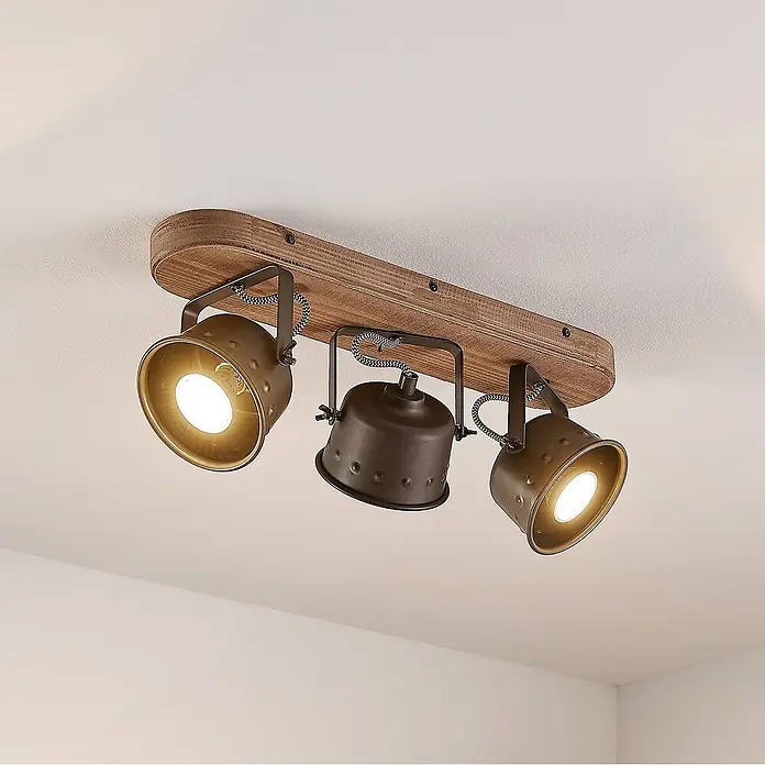 Lindby Deckenstrahler Rubinjo - L x B x H: 45 x 16 x 17,5 cm, schwarz, GU10 - Deckenstrahler mit Holzleiste und drei dunklen, verstellbaren Metallspots, zwei leuchten warm.