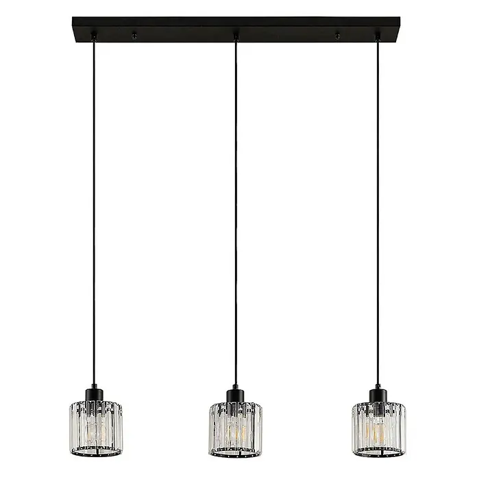 Lindby Pendelleuchte Vella - L x B x H: 83 x 13 x 12,3 cm, klar / transparent, mattSchwarz, transparent, E27 - Dreiflammige Pendelleuchte mit schwarzem Baldachin und drei zylindrischen, geriffelten Glasschirmen.