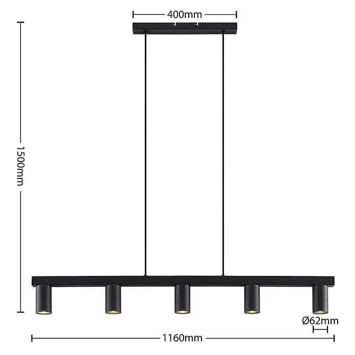 Lindby Pendelleuchte Baliko - schwarz, Schwarz, GU10 - Schwarze Pendelleuchte mit fünf zylindrischen Strahlern. Gesamthöhe 1500mm, Stangenlänge 1160mm.
