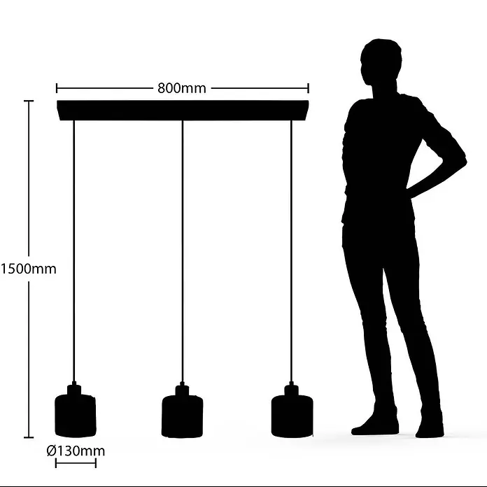 Lindby Pendelleuchte Vella - L x B x H: 83 x 13 x 12,3 cm, klar / transparent, mattSchwarz, transparent, E27 - Schwarze dreiflammige Pendelleuchte mit 800mm Balken, 1500mm Abhängung und 130mm Schirmen, neben einer Person zur Größenreferenz.