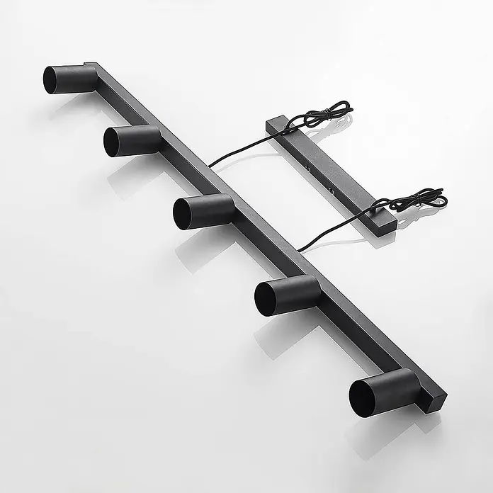 Lindby Pendelleuchte Baliko - schwarz, Schwarz, GU10 - Schwarze Metall-Beleuchtung mit sechs zylindrischen Lichthaltern, über Kabel mit zwei Montageplatten verbunden.
