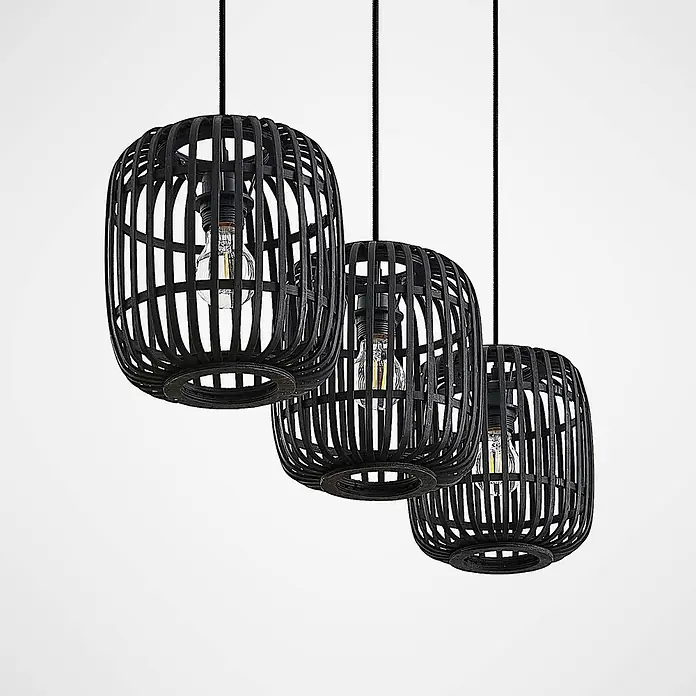 Lindby Pendelleuchte Canyana - schwarz, Schwarz, E27 - Drei schwarze Käfig-Pendelleuchten mit sichtbaren Glühfadenlampen.