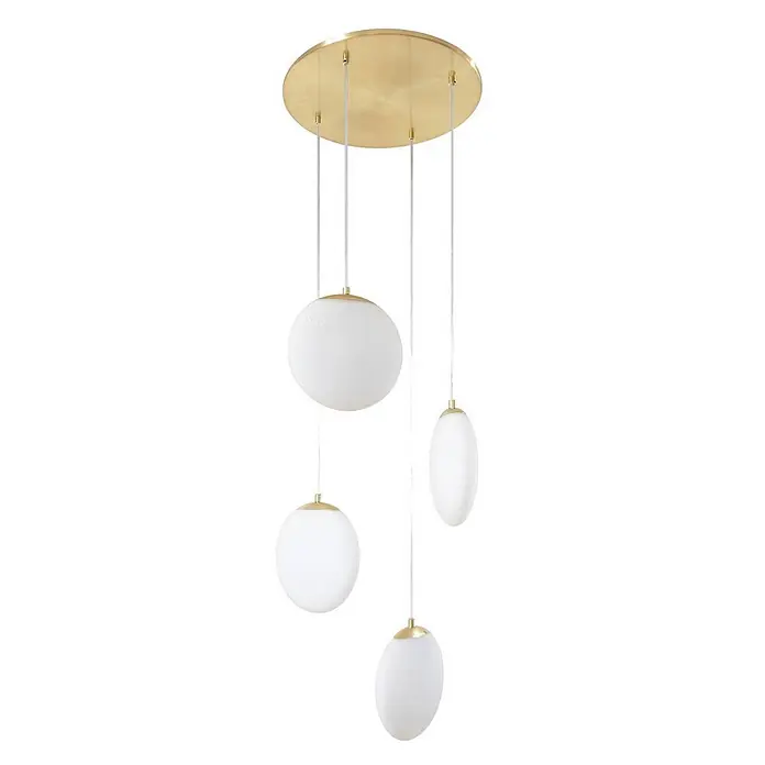 Lucande Pendelleuchte Lunelle - L x B x H: 40 x 40 x 19,5 cm, weiß / opal, weiß, messing, G9 - Messing-Deckenleuchte mit vier weißen, mattierten Glaspendelleuchten unterschiedlicher Form und Länge.
