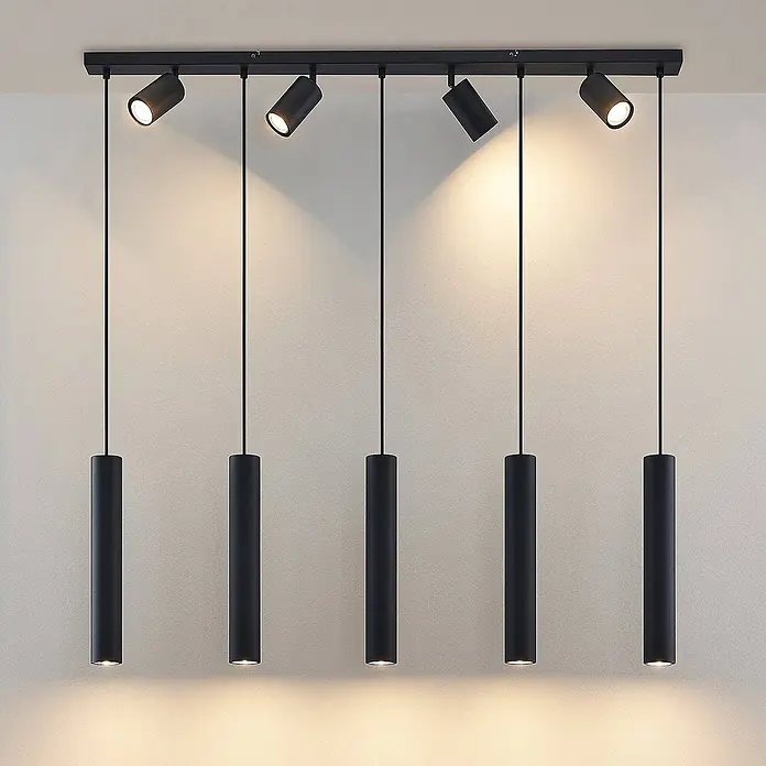 Lindby Pendelleuchte Sanad - L x B x H: 116 x 6 x 40 cm, schwarz, sandSchwarz, GU10 - Schwarze Deckenleuchte mit drei verstellbaren Strahlern und drei hängenden zylindrischen Pendelleuchten.