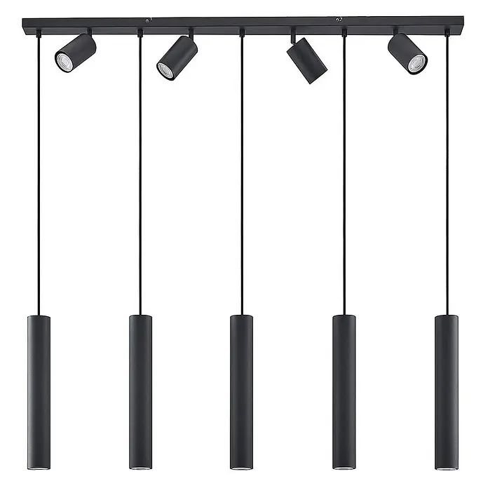 Lindby Pendelleuchte Sanad - L x B x H: 116 x 6 x 40 cm, schwarz, sandSchwarz, GU10 - Schwarze Deckenlampe mit drei verstellbaren Strahlern und drei Pendelleuchten an einer rechteckigen Stange.