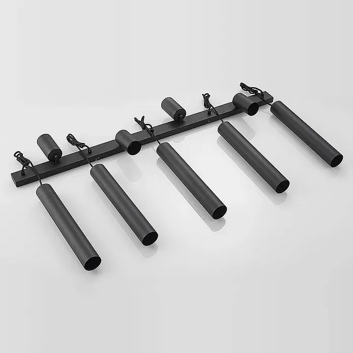 Lindby Pendelleuchte Sanad - L x B x H: 116 x 6 x 40 cm, schwarz, sandSchwarz, GU10 - Mattschwarze Schienenleuchte mit sechs zylindrischen Strahlern, teils direkt, teils hängend.